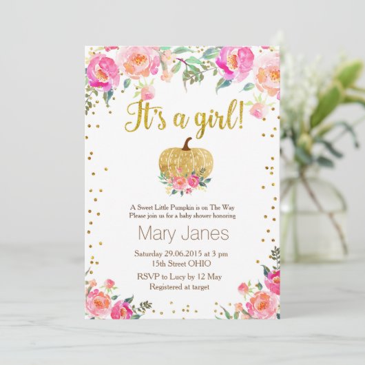 Waterverf Pumpkin Herfst Girl Baby shower Kaart (Staand voorkant)