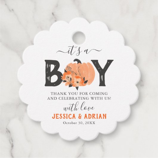 Waterverf Pumpkin 'Het is een jongen' Baby shower Bedankjes Labels (Voorkant)