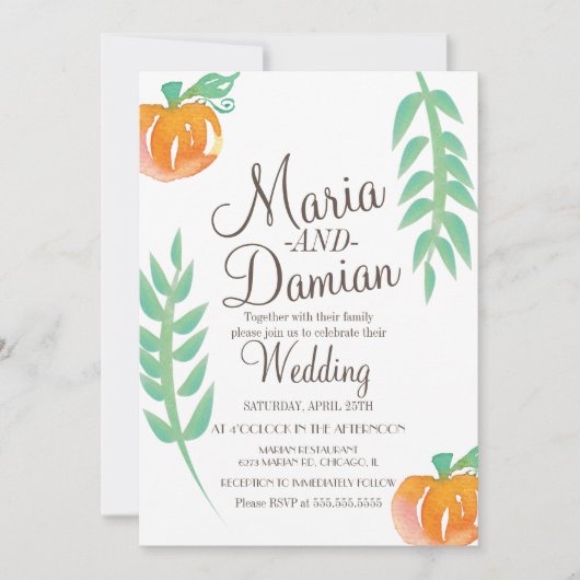 Waterverf Pumpkin Illustratie Green Fall Wedding Kaart (Voorkant)