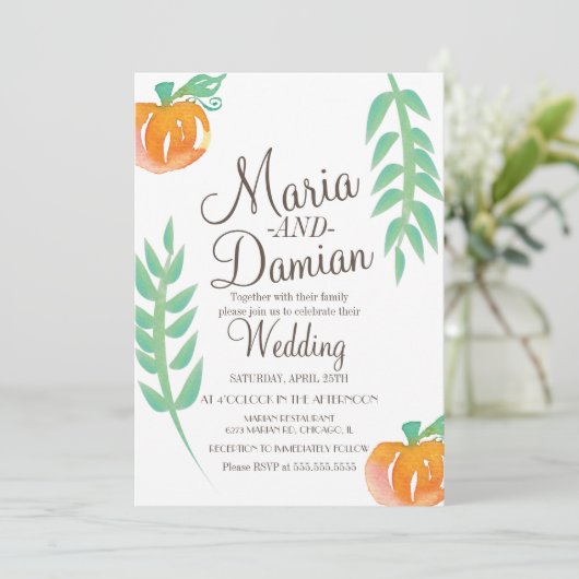 Waterverf Pumpkin Illustratie Green Fall Wedding Kaart (Staand voorkant)