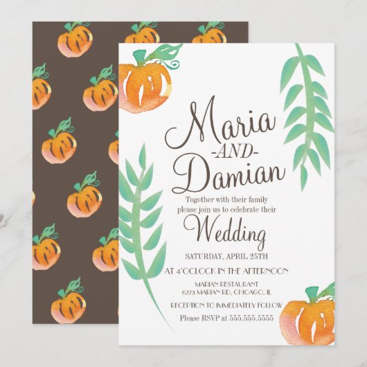 Waterverf Pumpkin Illustratie Green Fall Wedding Kaart (Voorkant / Achterkant)