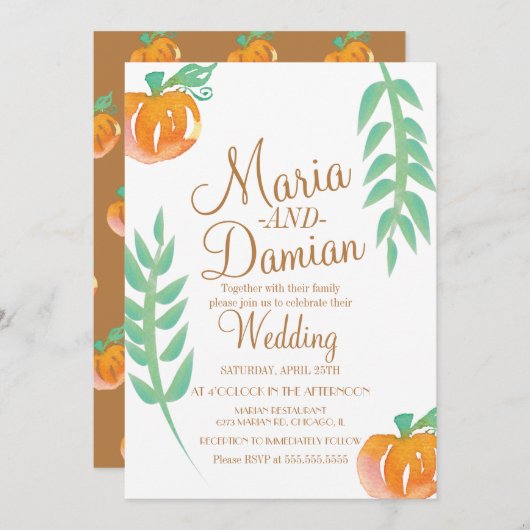 Waterverf Pumpkin Illustratie Greenery Wedding Kaart (Voorkant / Achterkant)