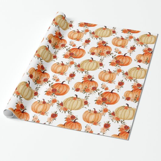 Waterverf Pumpkin Oranje Floral Rozen Cadeaupapier (Uitgerold)