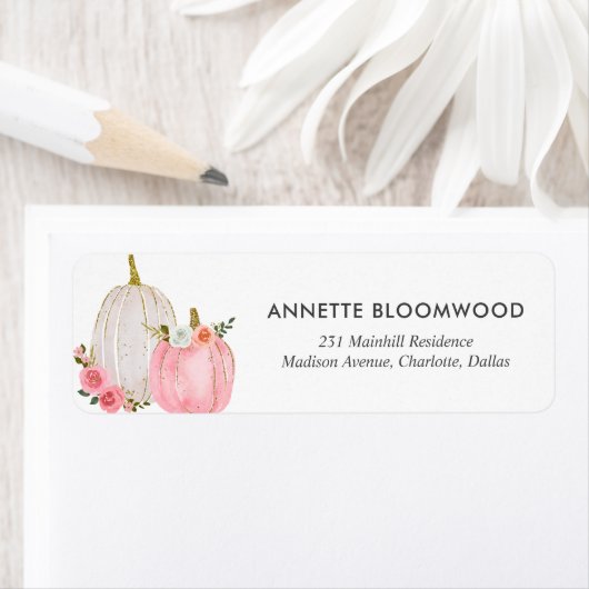 Waterverf Pumpkin Pastel Pink Floral Roos Etiket (Insitu)