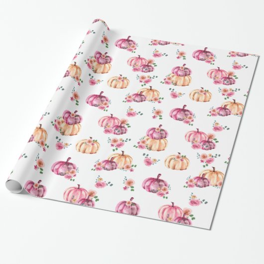 Waterverf Pumpkin Pink Floral Rozen Cadeaupapier (Uitgerold)