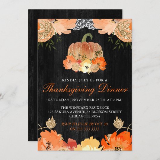 Waterverf Pumpkin  Thanksgiving Dinner Kaart (Voorkant / Achterkant)