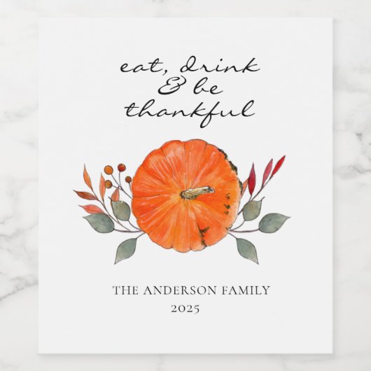 Waterverf Pumpkin Thanksgiving Wijnlabel Wijn Etiket (Enkel label)