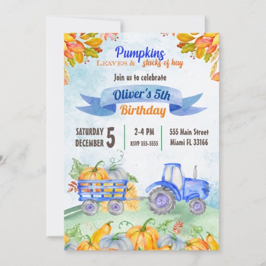 Waterverf Pumpkin Tractor Birthday Uitnodiging (Voorkant)