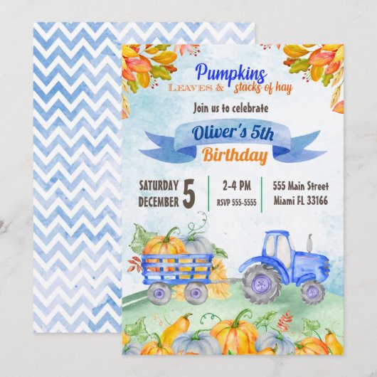 Waterverf Pumpkin Tractor Birthday Uitnodiging (Voorkant / Achterkant)