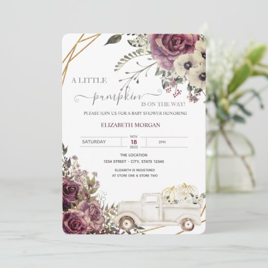 Waterverf Pumpkin Truck Flowers Baby shower Kaart (Staand voorkant)