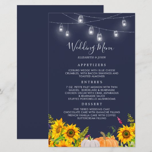 Waterverf Pumpkin-zonnebloemen Rustic Wedding Menu (Voorkant / Achterkant)