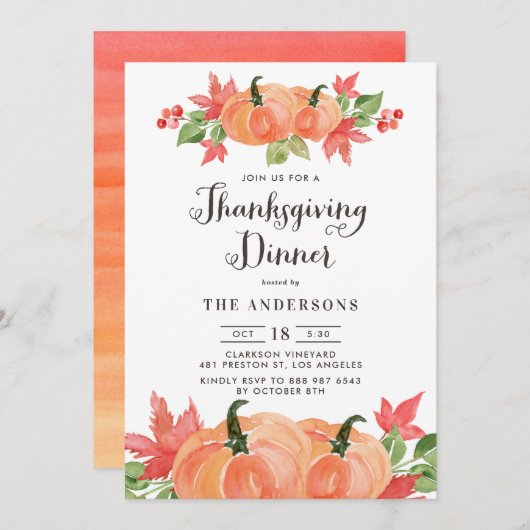 Waterverf Pumpkins Autumn Thanksgiving Dinner Kaart (Voorkant / Achterkant)