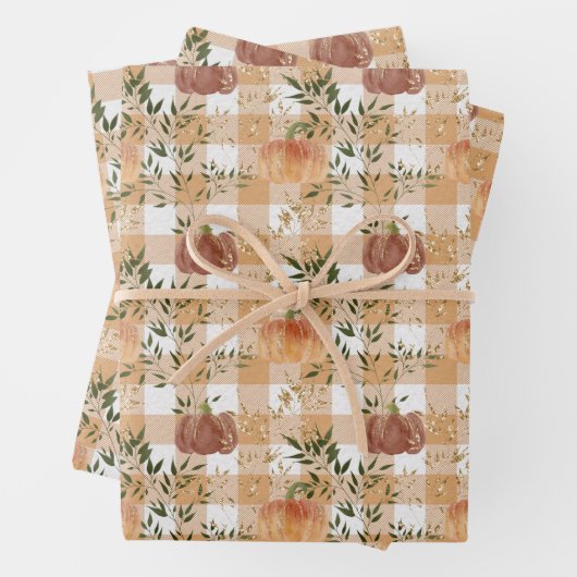 Waterverf Pumpkins op Gingham Inpakpapier Vel (In situ)