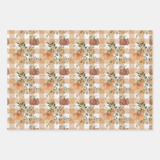 Waterverf Pumpkins op Gingham Inpakpapier Vel (Voorkant)