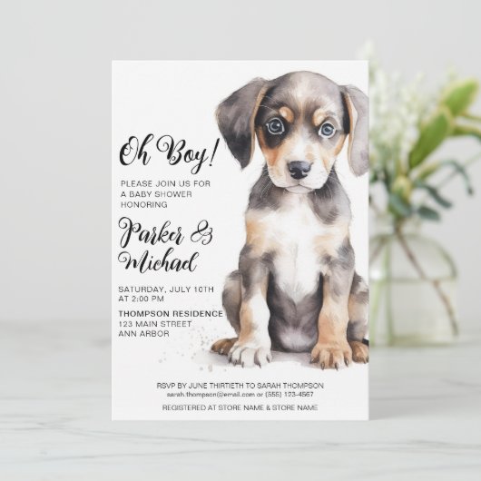 Waterverf Puppy Baby Jongensdouche Kaart (Staand voorkant)