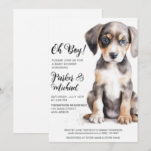 Waterverf Puppy Baby Jongensdouche Kaart (Voorkant / Achterkant)