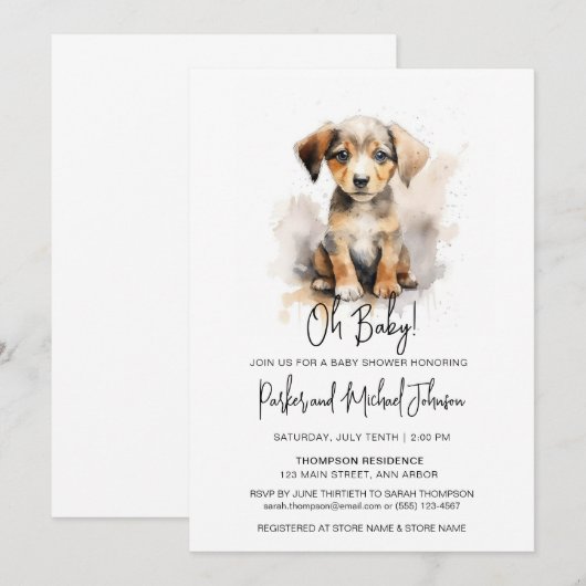 Waterverf Puppy Genderneutraal Baby shower Kaart (Voorkant / Achterkant)