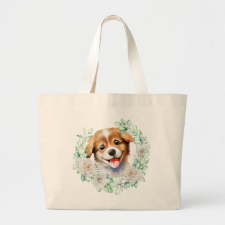 Waterverf Puppy Liefde met Witte Rozen Grote Tote Bag