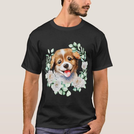 Waterverf Puppy Liefde met Witte Rozen T-shirt (Voorkant)
