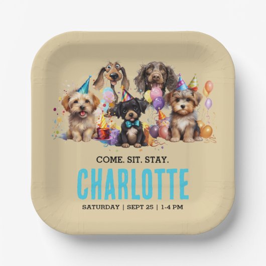 Waterverf puppy pawty dog verjaardag papieren bordje (Voorkant)