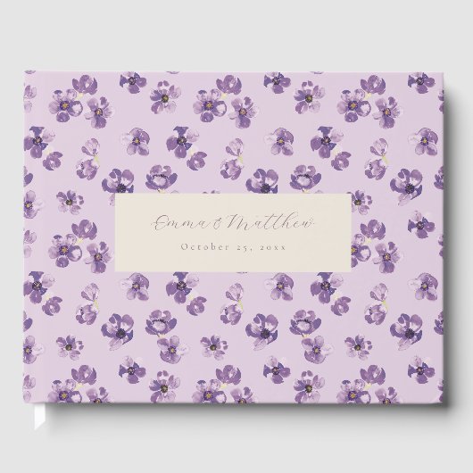Waterverf Purple Flowers en Green Spine Script Gastenboek (Voorkant)