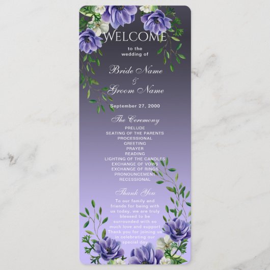Waterverf Purple Flowers Wedding Programma Programmakaart (Voorkant)