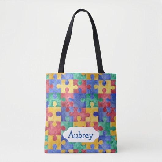 Waterverf puzzel voor autismebewustzijn tote bag (Voorkant)