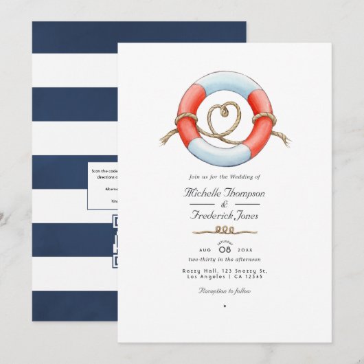 Waterverf QR-code RSVP Nautical Wedding Kaart (Voorkant / Achterkant)