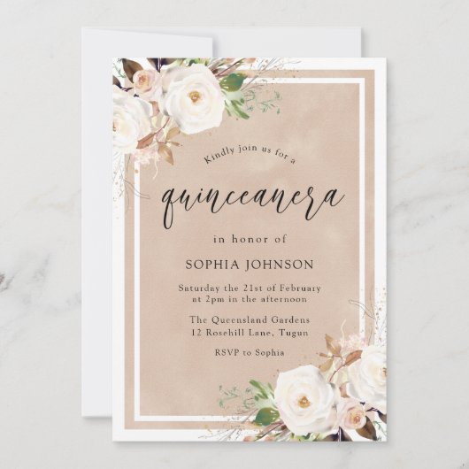 Waterverf Quinceanera Party White & Blush Flowers Kaart (Voorkant)