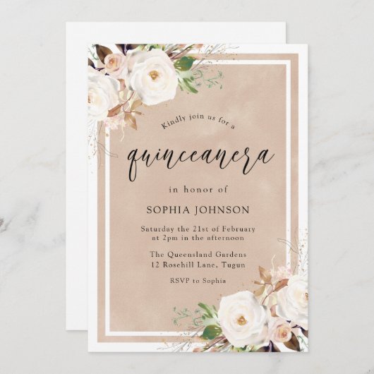 Waterverf Quinceanera Party White & Blush Flowers Kaart (Voorkant / Achterkant)