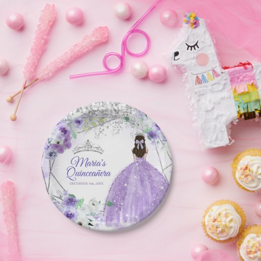Waterverf Quinceañera Silver & Purple Flowers Papieren Bordje (Feest)