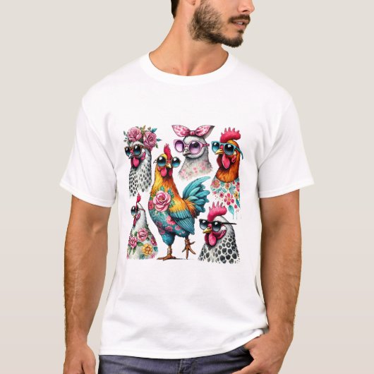 Waterverf Quirky Chickens met zonnebril T-shirt (Voorkant)