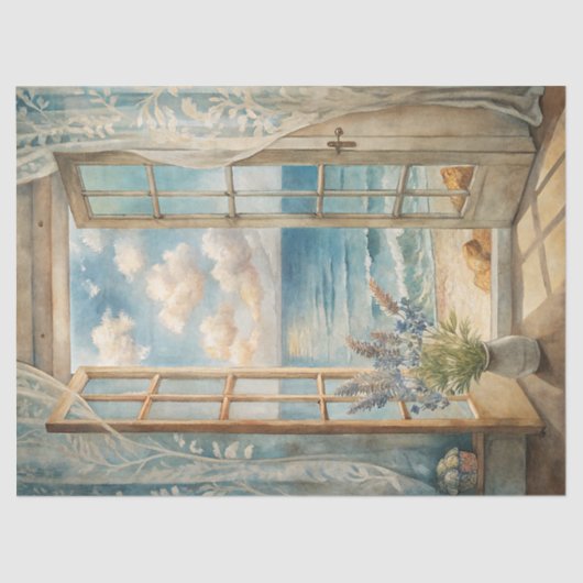 Waterverf  raam zeegezicht zee strand tissuepapier (Voorkant)