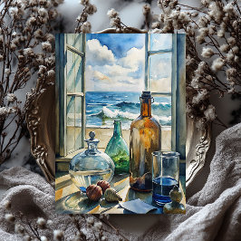 Waterverf raam zeegezicht zee strand tissuepapier