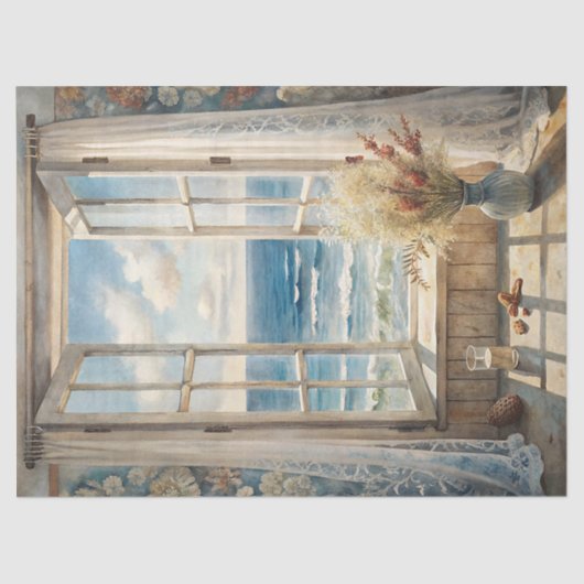 Waterverf raam zeegezicht zee strand tissuepapier (Voorkant)