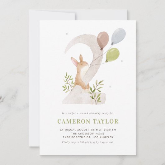 Waterverf Rabbit Woodland Tweede verjaardagsfeestj Kaart (Voorkant)
