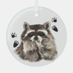 Waterverf Raccoon Dier en sporen of voetafdrukken Glas Ornament