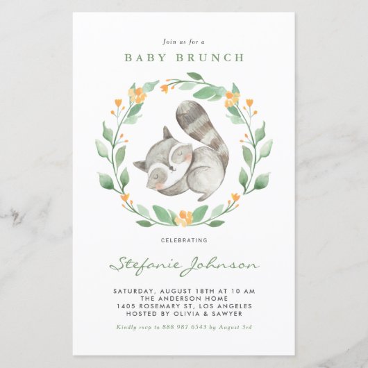 Waterverf Raccoon Greenery Baby Brunch Uitnodiging (Voorkant)