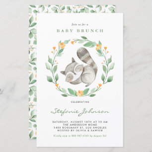 Waterverf Raccoon Greenery Baby Brunch Uitnodiging