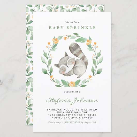 Waterverf Raccoon Greenery Baby Sprinkle Invite (Voorkant / Achterkant)