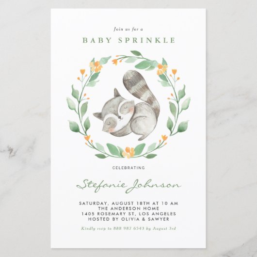 Waterverf Raccoon Greenery Baby Sprinkle Invite (Voorkant)