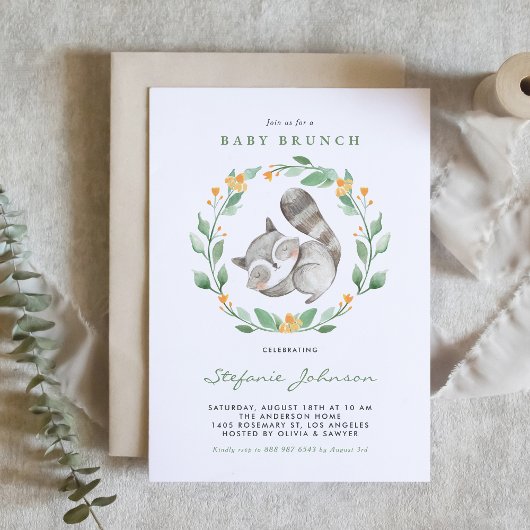 Waterverf Raccoon Wreath Greenery Baby Brunch Kaart