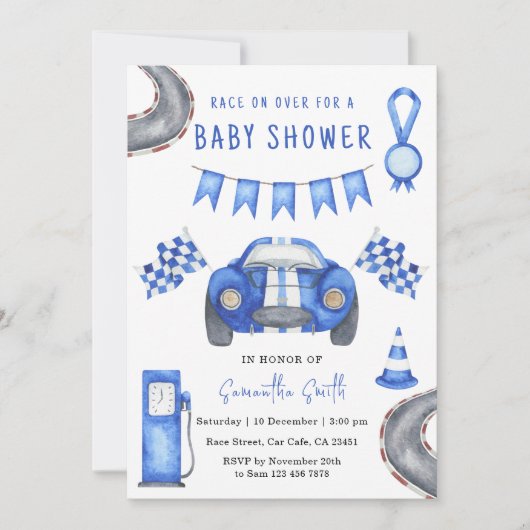 Waterverf Race Car Baby shower Kaart (Voorkant)