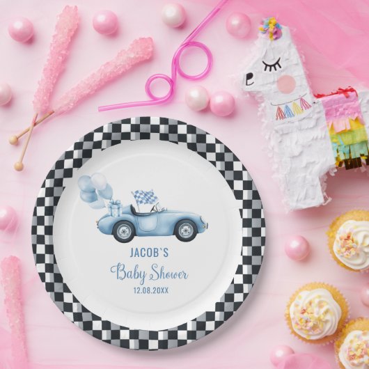 Waterverf Race Car Baby shower Papieren Bordje (Feest)