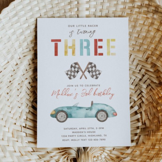 Waterverf Race Car Derde Verjaardagsuitnodiging Kaart