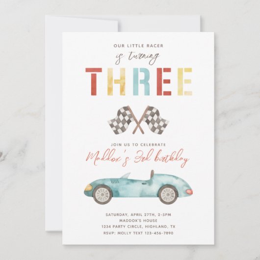 Waterverf Race Car Derde Verjaardagsuitnodiging Kaart (Voorkant)