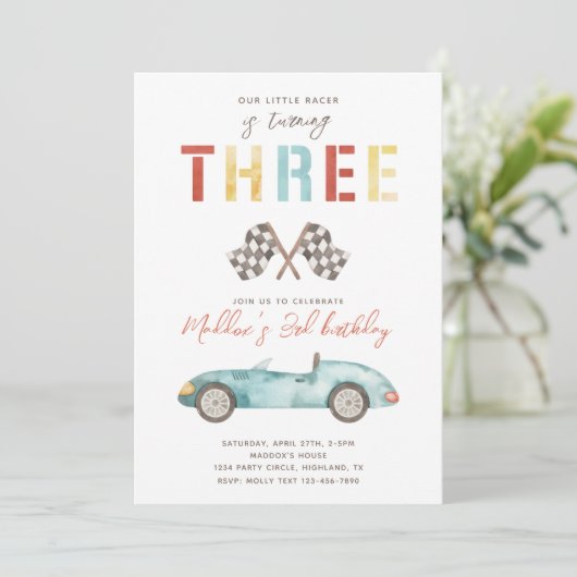 Waterverf Race Car Derde Verjaardagsuitnodiging Kaart (Staand voorkant)
