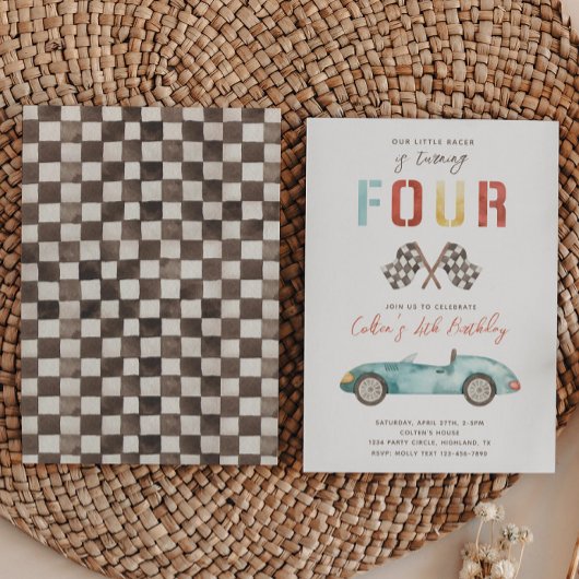 Waterverf Race Car Verjaardagsuitnodiging Kaart