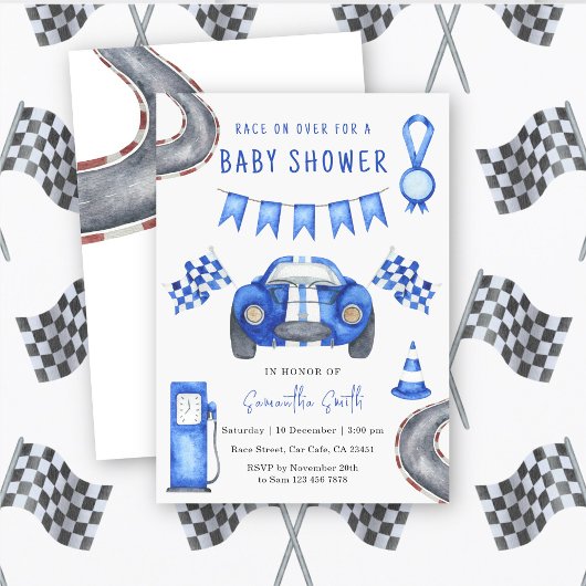Waterverf Raceauto Baby Shower Kaart