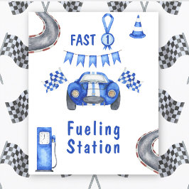 Waterverf raceauto eerste verjaardag tankstation poster